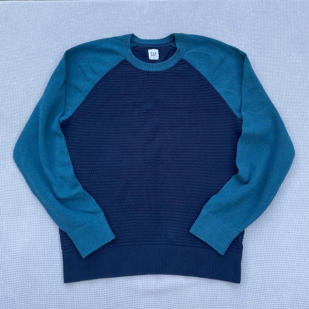Gap Blue Colorblock Waffle Knit Raglan Crewneck Sweater Men's Medium